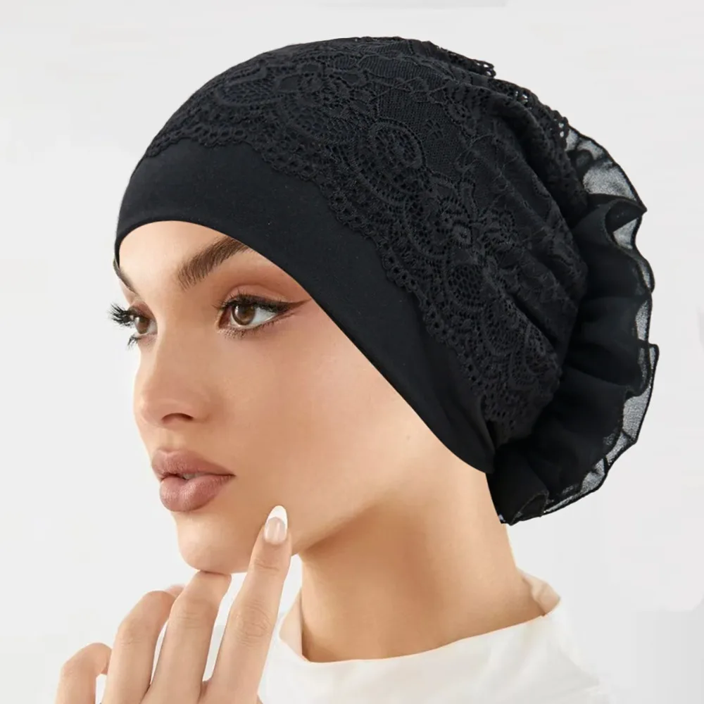 Flower Design Elegant Hijab Cap Lace Edge Solid Color Headscarf Hat Breathable Elastic Pullover Hat Women Headwear