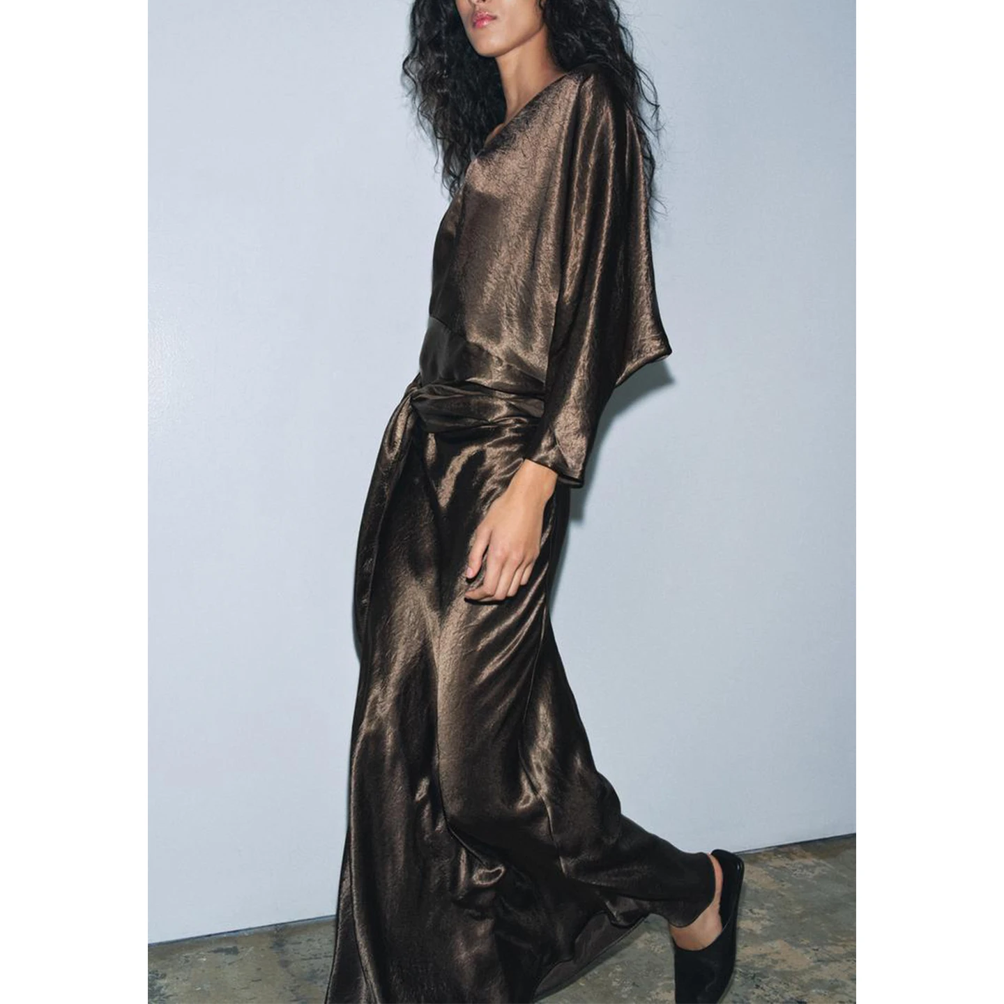 Winter New Arrival Women's Dr  Knot Belt V-ne Long Sve Satin Double-breasted Dr Casual Sle Ci Commute