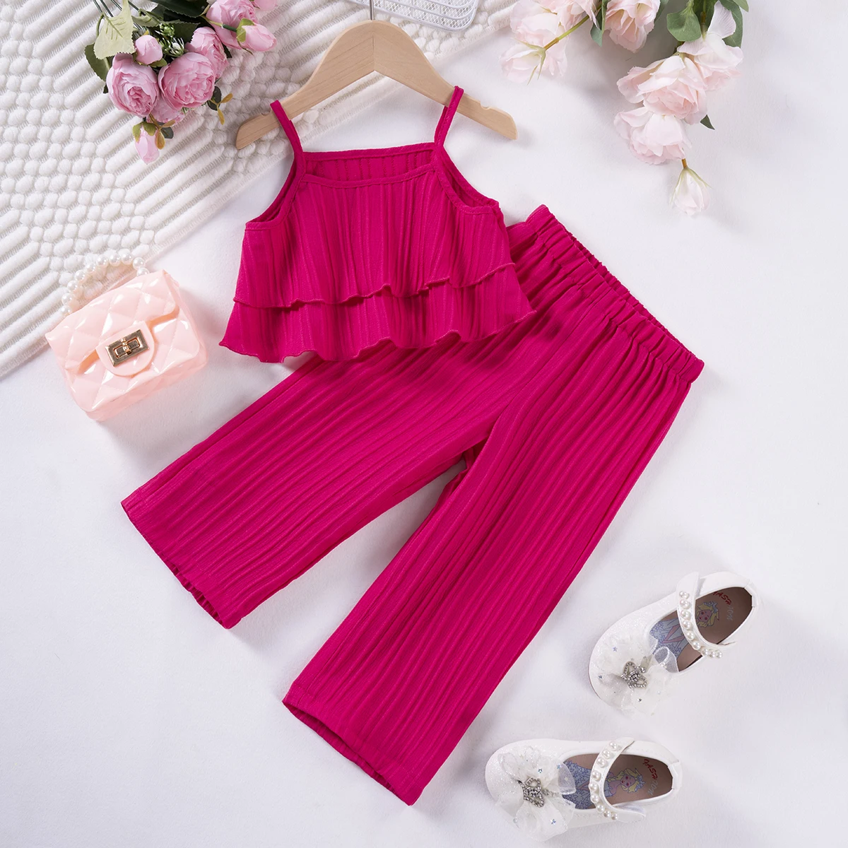 Hot Sale Summer Girls Solid Color Suit Halter Wide Leg Pants 2 Pieces Set Wave Striped Hundred Comfortable Clothing 1-5T