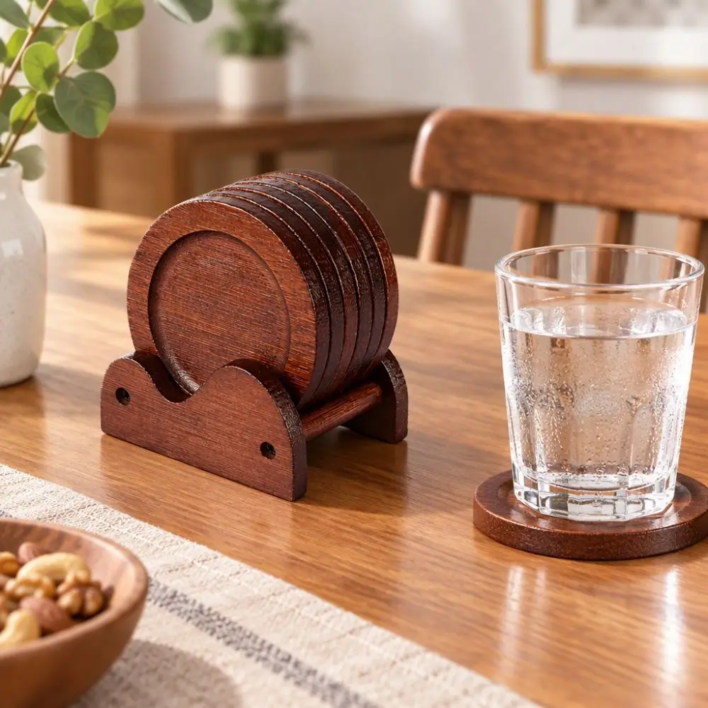 Tea Ceremony Accessories Retro Bamboo Coaster Set With Holder Non Slip Tea Cup Mat Heat Resistant Cup Pad Coffee Table