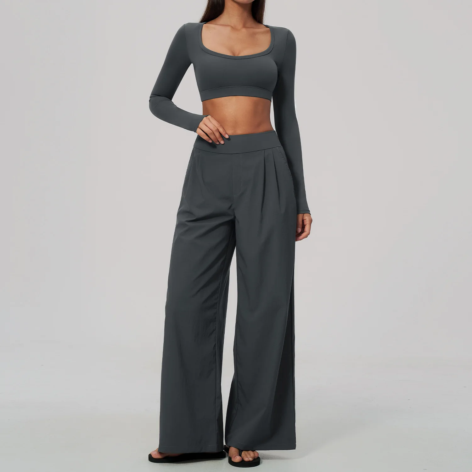Womens 2 Piece Yoga Set Gym Clothing Fitness Suit Workout Tracksuit Running Sportswear Outfits U Neck Long Sleeve Bra Wide Leg