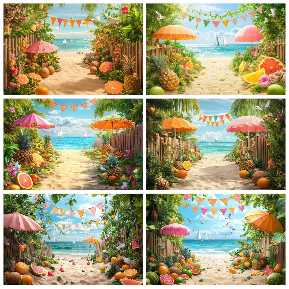 Sommer Meer Urlaub Fotografie Hintergrund Tropische Obst Segeln Fliegender Vogel Strand Regenschirm Kinder Geburtstag Hintergrund Dekor