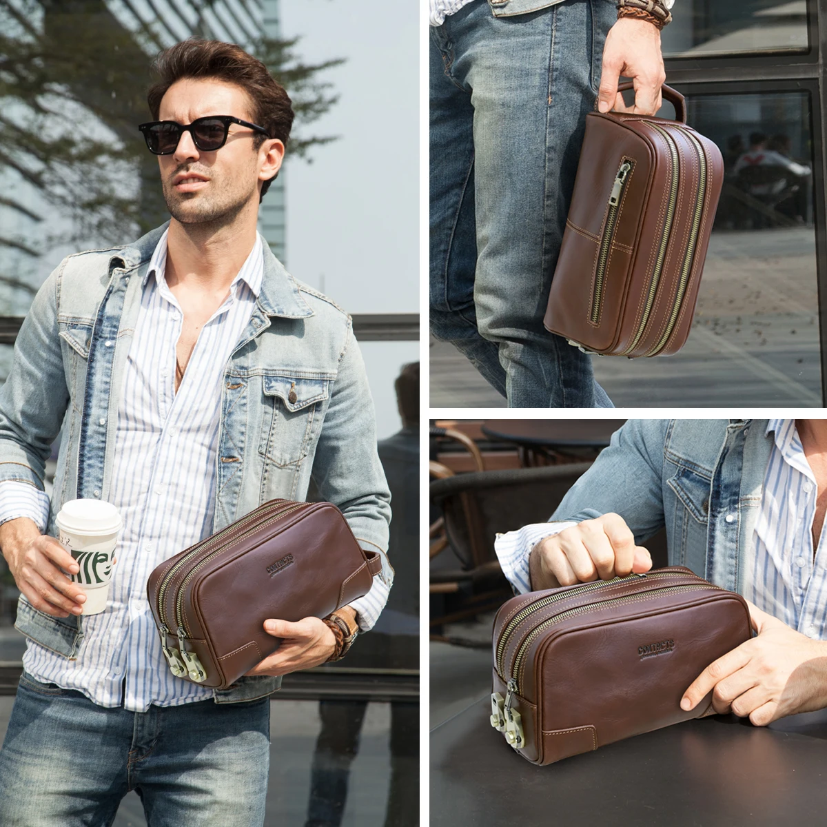 Imagem -04 - Couro Genuíno Travel Cosmetic Bolsa para Homens Password Designer Portable Toiletries Kit Maquiagem Wash Pouch Grande Capacidade Organizer