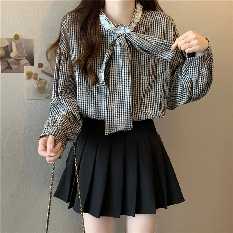 Elegant Bow Chiffon Shirt Women Chiffon Korean Vintage Lantern Sleeve Blouse Spring Fall Office Lady Korean Loose Thin Tops