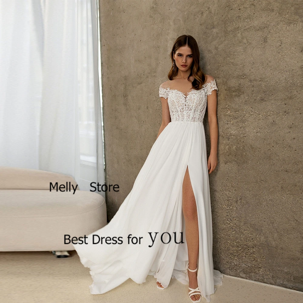 아이보리 사이드 슬릿 웨딩드레스, 정교한 스트랩리스 브라이덜 가운, 짧은 소매 베스티도 드 노비아 시폰 신상 로브 드 여름 2025