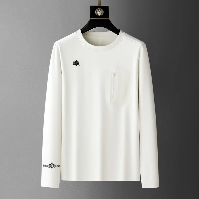 Men's new round neck solid color long sleeved T-shirt light luxury brand exquisite printing high-quality fashion warm casual top