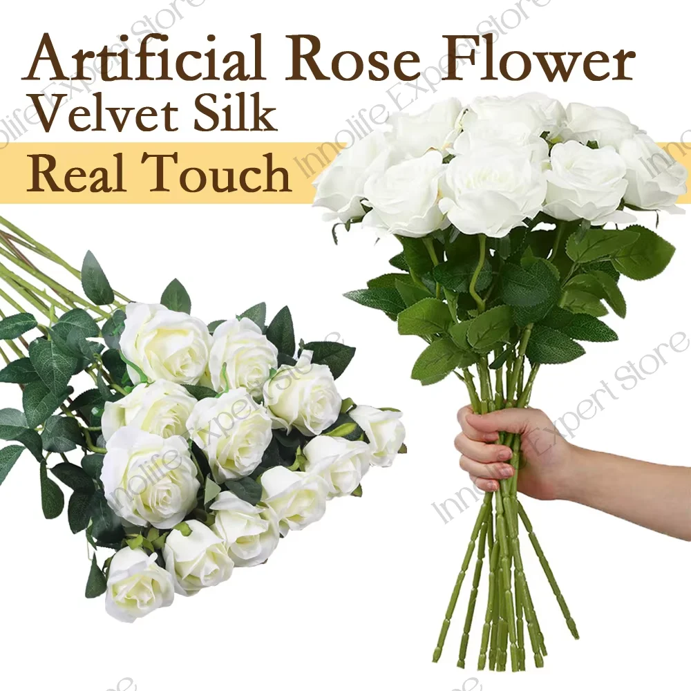 200-12PCS Artificial Rose Flower Silk White Rose Realistic Fake Roses with Long Stems  for Party Home Wedding Valentine Birthday