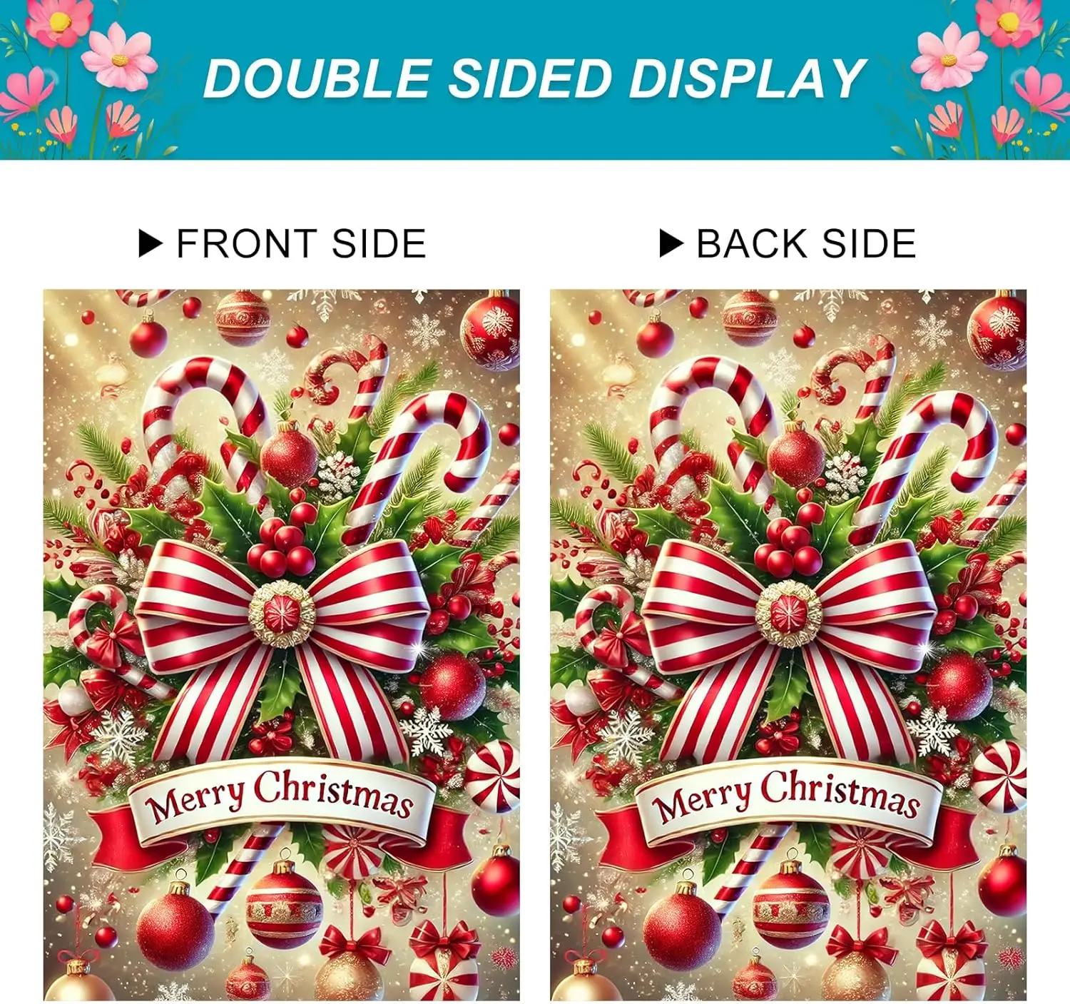 عيد ميلاد سعيد منزل العلم 28x40 بوصة مزدوجة الوجهين حديقة العلم مع قصب الحلوى القوس الأحمر والحلي لقضاء عطلة ساحة حظر JHH #4