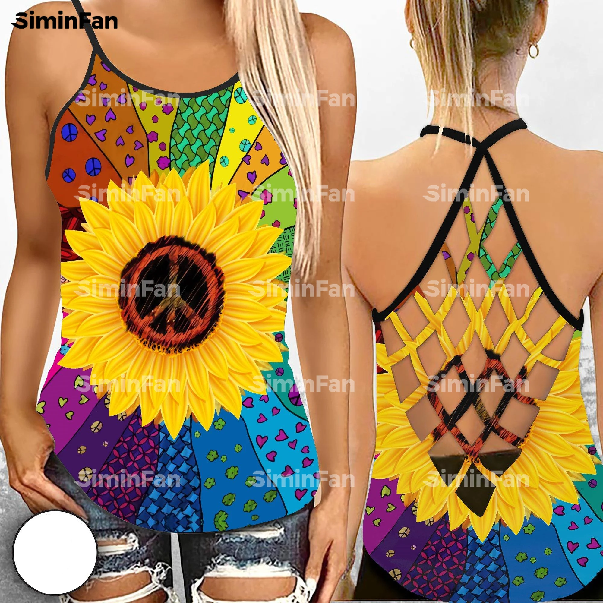 Colorful Hippie SunFlower Tie-Dye 3D Printed Female Hollow Out Camis Criss Cross Tank Top Open Back Vest Women Mesh Cutout Shirt