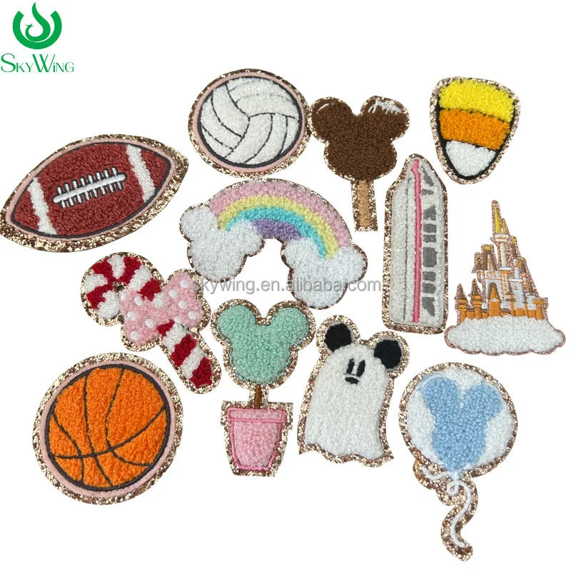 

Cheap High Quality Cartoon Castle Chenille Embroidered Patches with Gold Glitter Iron on Clothes Accessories