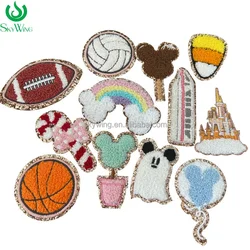 Cheap High Quality Cartoon Castle Chenille Embroidered Patches with Gold Glitter Iron on Clothes Accessories