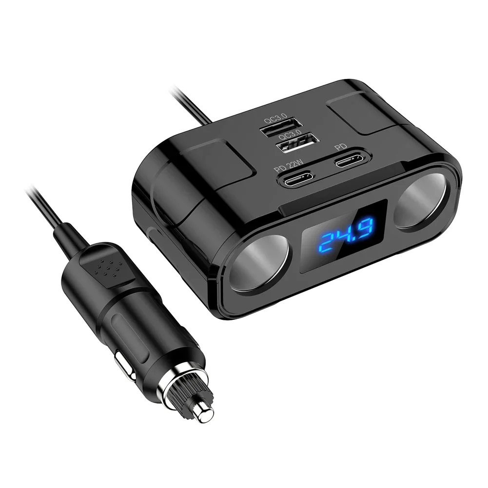 QC3.0 USB Car Charger 2 Type-C+2 USB Blue LED Digital Display 22W DC 12V-24V Dual USB Power Adapter Car Cigar Lighter Socket