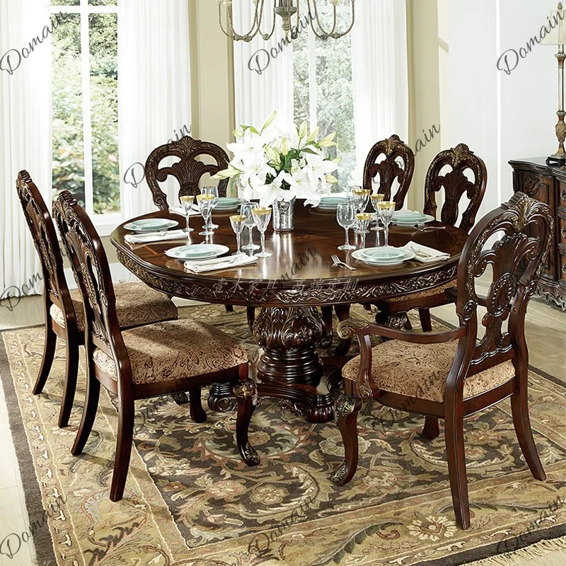 American retro carved gold painted old round dining table European 1.5 meters six-person villa luxury dining table high-end