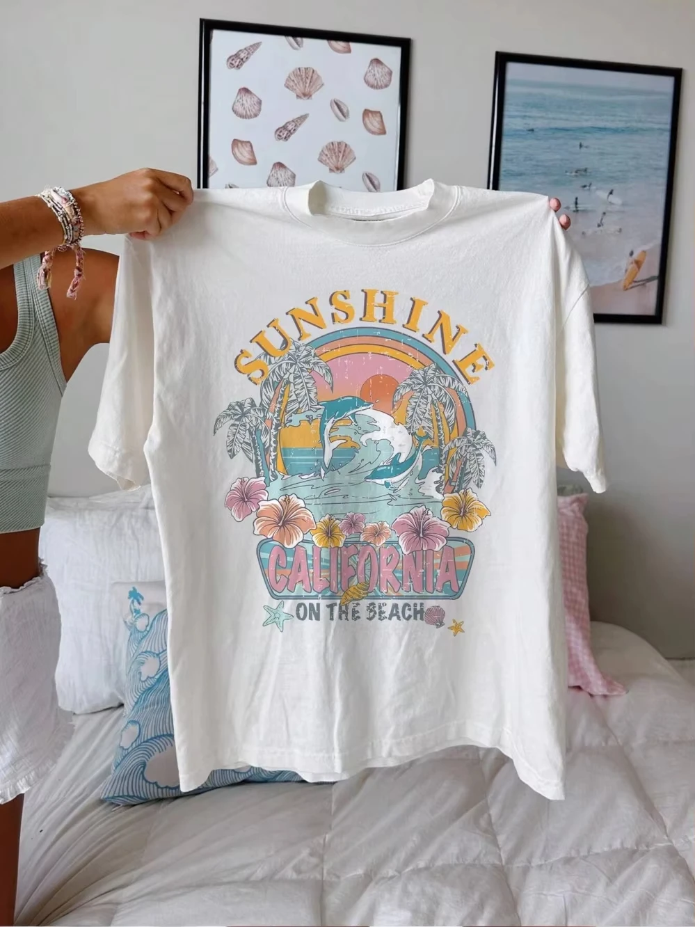

Sunshine California on The Beach Letter Graphic Tshirt Women Casual Short Sleeve Oversize Clothes Street Loose T-Shirt