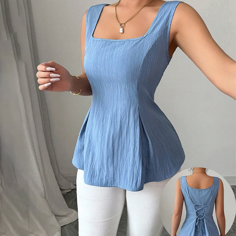 

French Style Square Collar Women Suspender Top Stylish Back Drawstring Tight Waist Slim Top Basic All-Match Ruched Sky Blue Vest