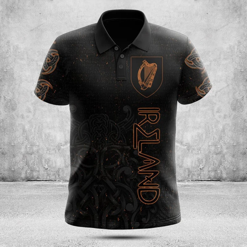 Custom Name Ireland Shield Viking Graphic Camo Polo Shirt Summer Casual Men's Fashion Tops Oversized Pullover Loose Jersey