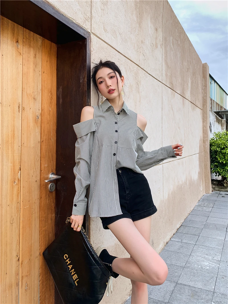 CHEERART Off The Shoulder Long Sleeve Striped Button Up Shirt Women Korean Fashion Designer Top Collared Shirt Autunn Clothes