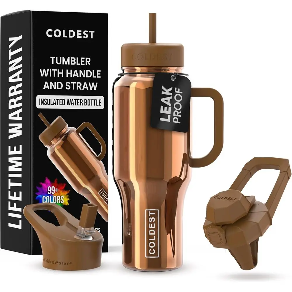 

Изолированный стакан из нержавеющей стали на 36 унций с ручкой и соломинкой — защищенный от разливов, 3 крышки для мужчин и женщин