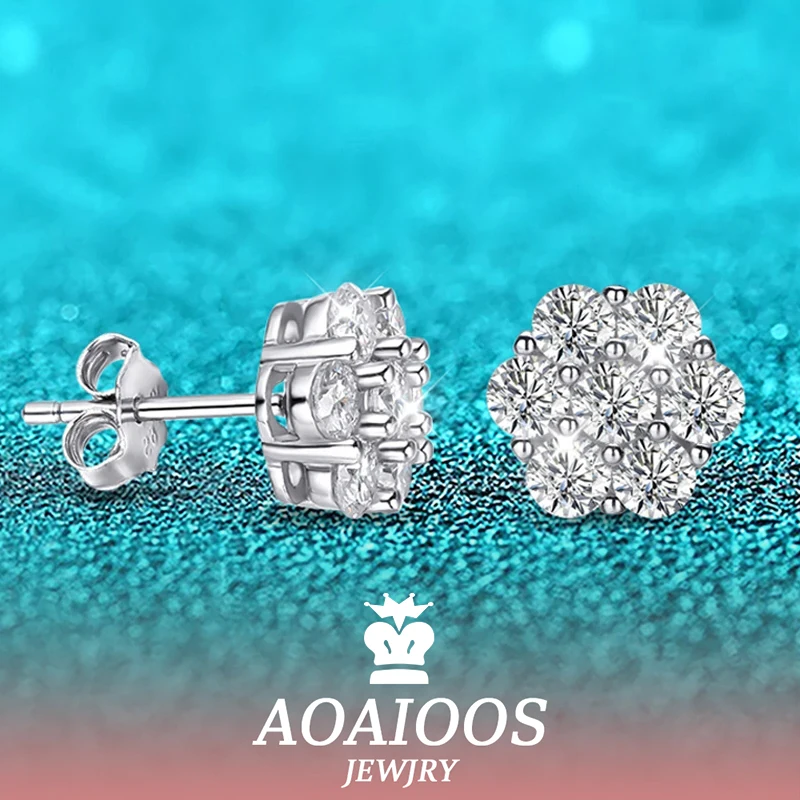 AOAIOOS-pendientes de moissanita para mujer, 7 piedras, flor brillante, joyería de boda, pendiente de plata de ley S925, 3mm