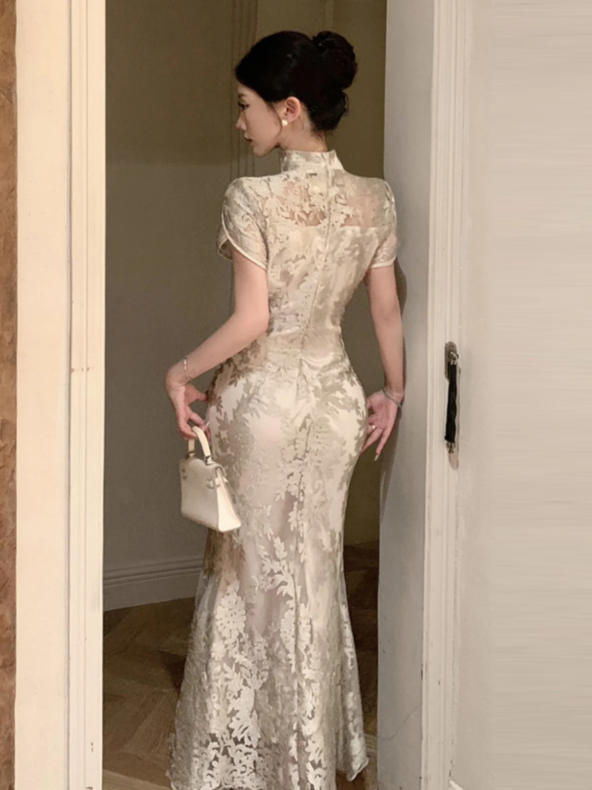 Retro neo-chinês y2k gola renda emendada bodycone sereia vestido elegante high-end socialite senhora vestido verão na moda outfit