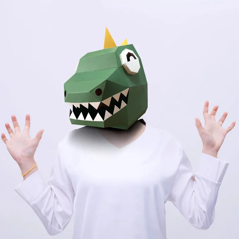 3D Paper Mold Dinosaur Head Mask Headgear Model Halloween Cosplay Props Women Men Party Dress Up DIY Craft Masks