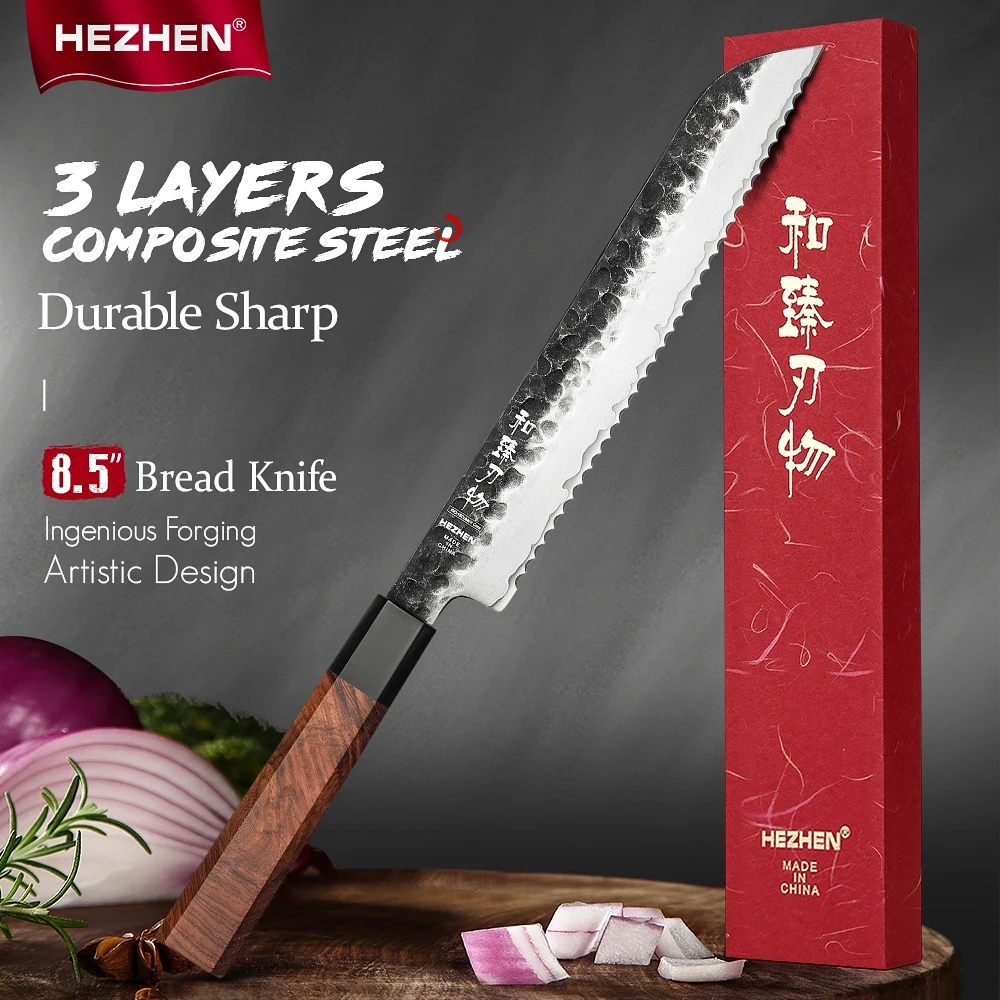 

HEZHEN 8.5 Inches Bread Knife Three-layer Composite Steel Stainless Steel High Quality Cook Knife Kitchen Knives Razor Sharp