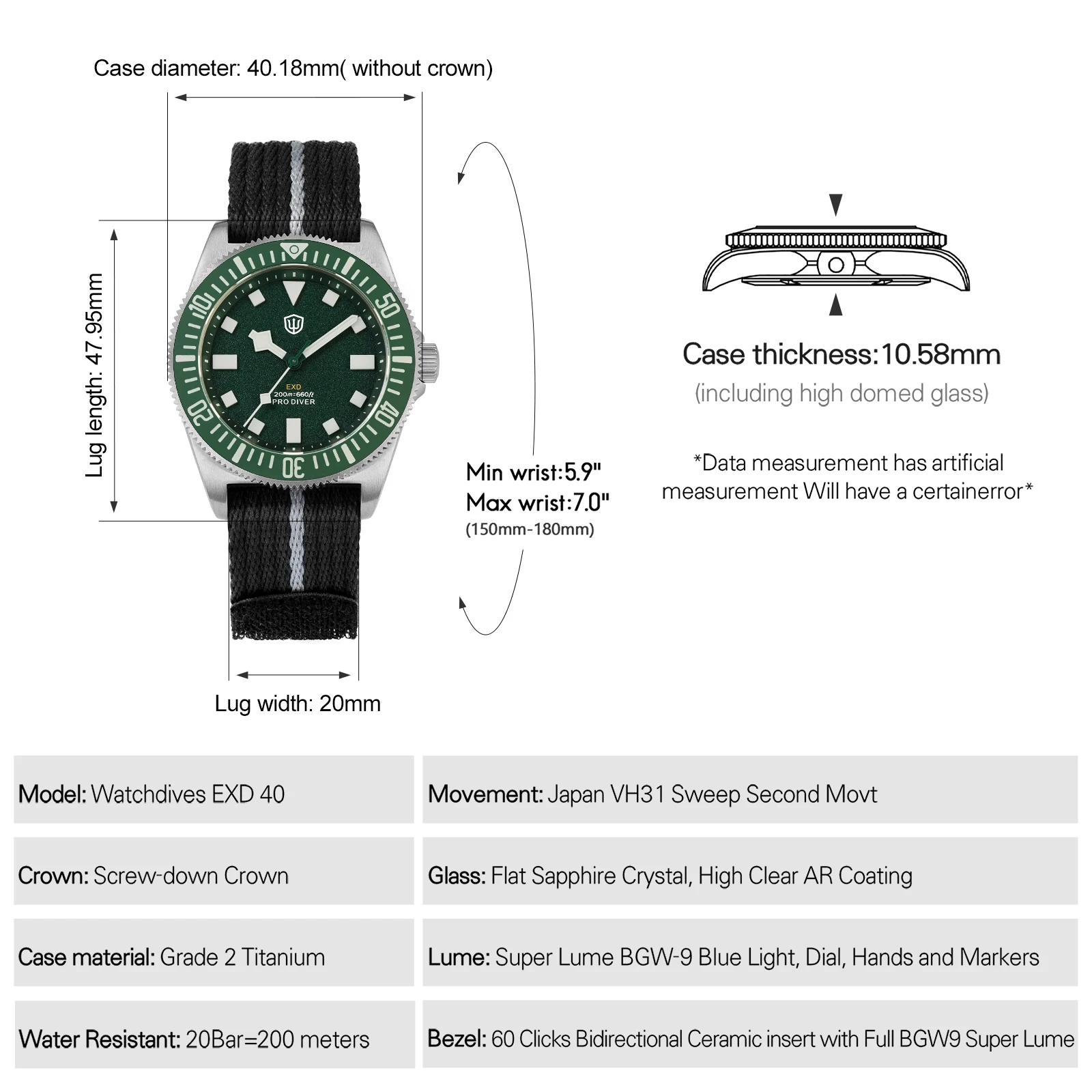 Watchdives EXD 40 Titanium Dive Watch Retro Green VH31 Quartz Watches 200M Waterproof AR Sapphire 60 Clicks Ceramic Bezel Lumes