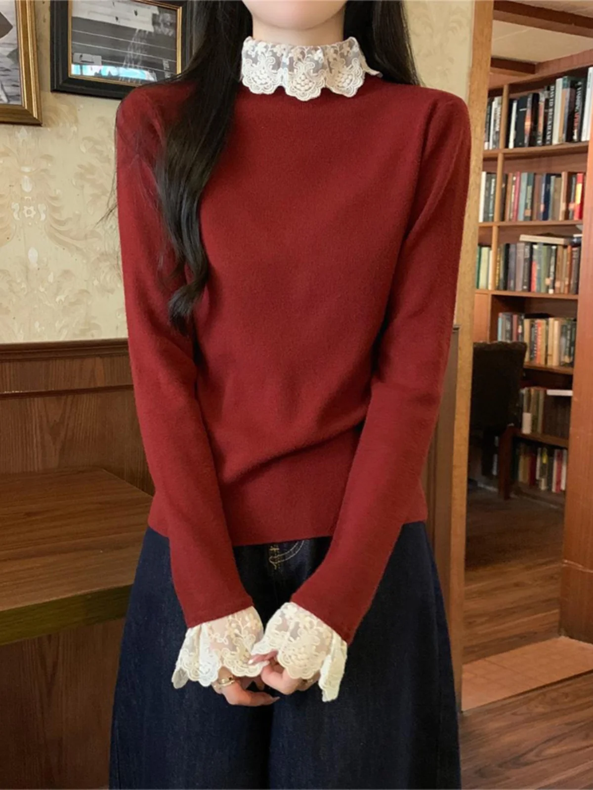 Langarm Spitze Verstärktes Strick Pullover Frauen Pullover Neue Mock Neck Stricken Pullover Pullover Frauen Tops Sueters De Mujer Q180