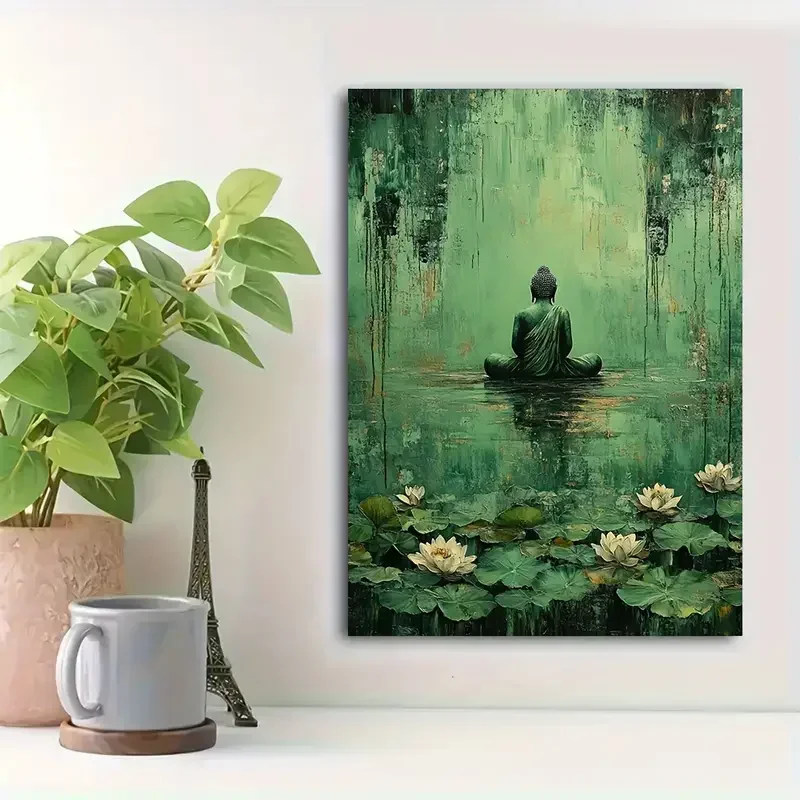 Green Tranquil Meditation Buddha Statue Poster and Prints Abstract Canvas Painting Wall Art Picture for Living Room Home Decor
