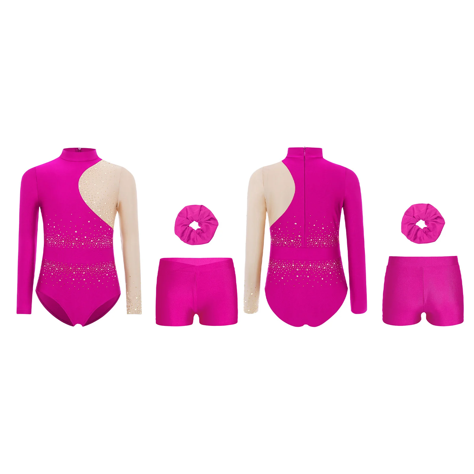 Kids Girls 3-Piece Ballet Yoga Dance Costume Suit Mock Neck Long Sleeves Gymnastics Leotard with Waistband Shorts And Hair Band