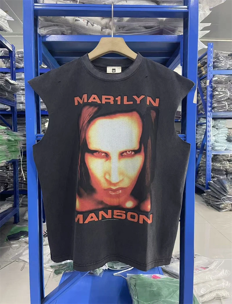 

Summer Rock Manson Pattern Print Vintage American High Street Casual Loose Cotton Washed Tank Top Trendy Hip Hop Men Vest