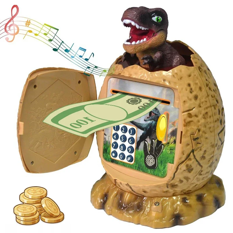 Tirelire en Forme d'emouf de Dinosaure avec Mot de Passe pour Enfant, Tirelire avec Empreinte Digitale et Lumière Musicale, Boîte à Pièces Électronique Iko, Jouets de Maison de Jeu