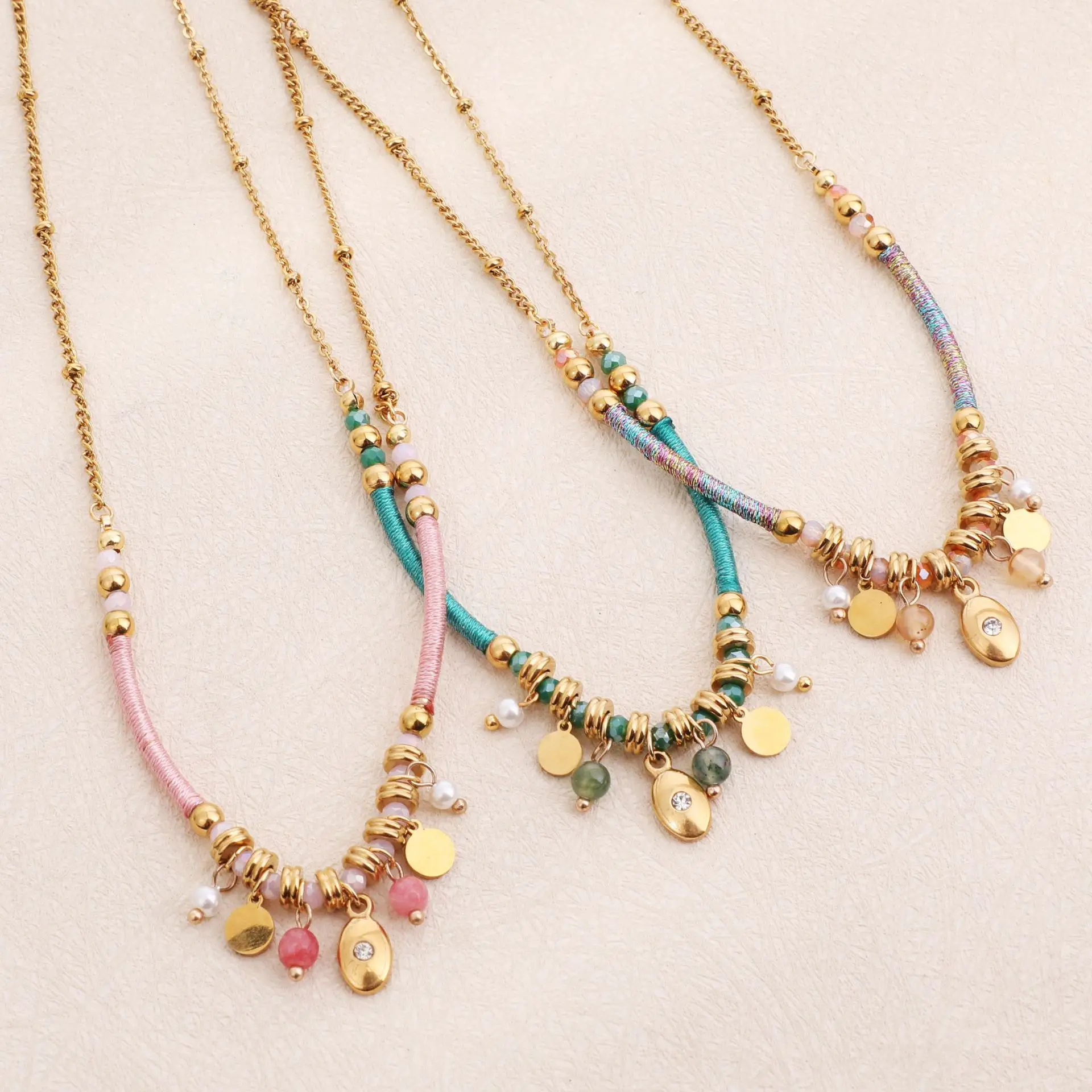 Natürliche Stein Geometrische Perle Farbige Anhänger Titan Stahl Böhmischen Frauen Personalisierte Mode Quaste Halsketten Charme Schmuck – Detail 3
