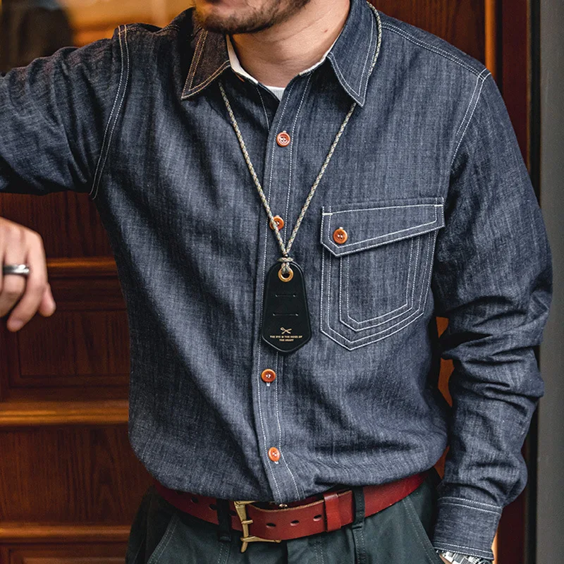 

Maden Retro American Sle Long Sve Denim irt Men's Inner Wear Layering Hard Man irt Cotton Polyester Blend Spring