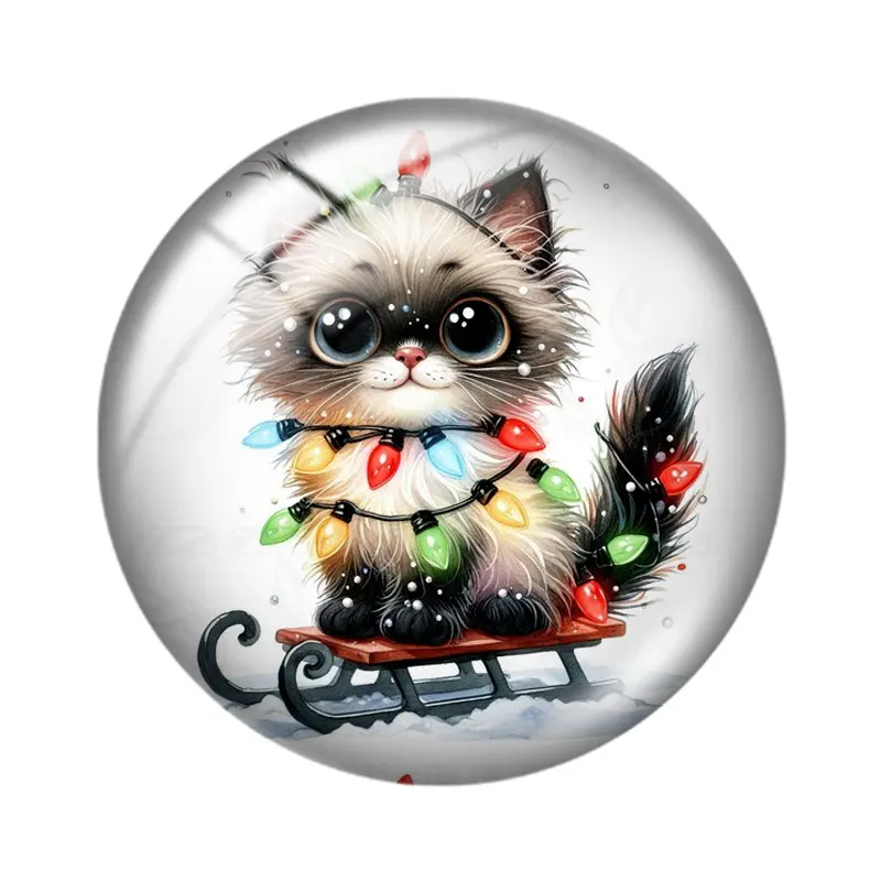 Watercolor Kitten Christmas Lights 10pcs 12mm/18mm/20mm/25mm Round photo glass cabochon demo flat back Making findings