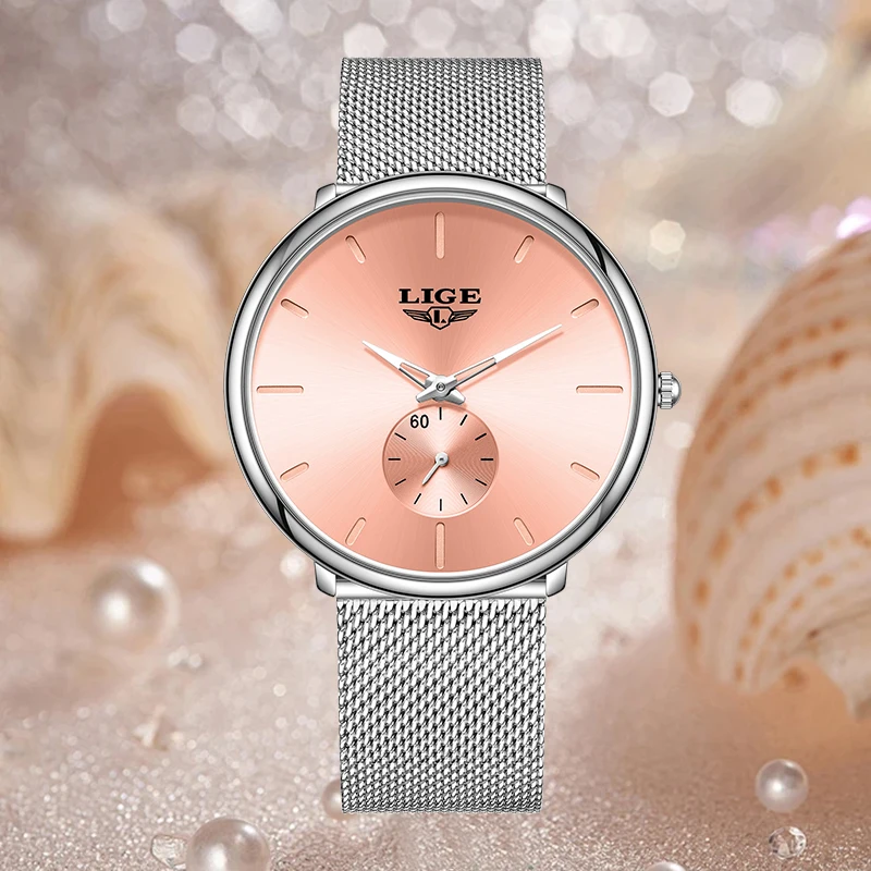 New Fashion LIGE Elegant Woman Watch Simple Dial Ultra-Thin Classic Stainless Mesh Strap Waterproof Quartz Women Ladies Watches