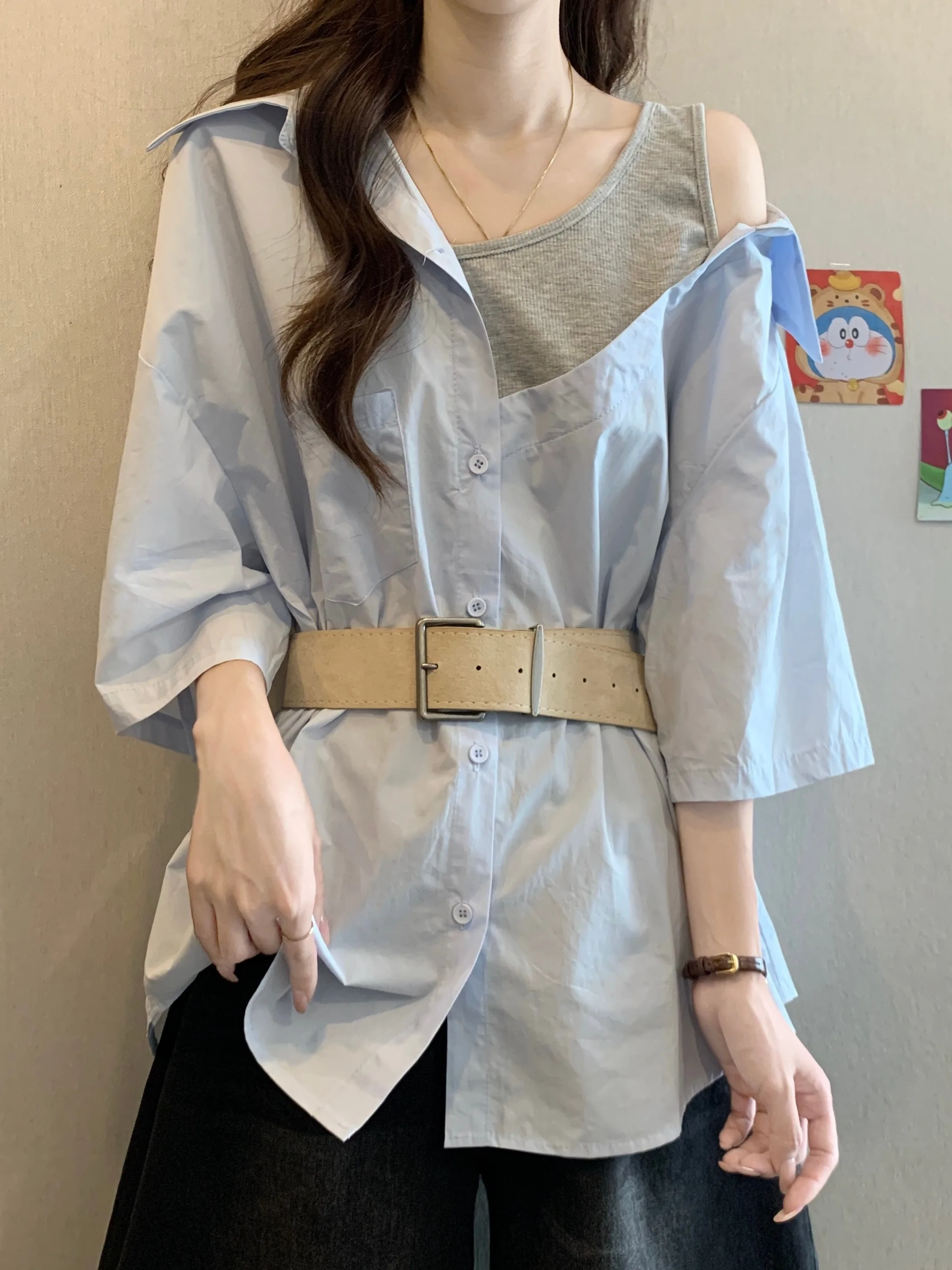 

Korean Style Asymmetrical Off Shoulder Fake Two Piece Short Sleeved Shirt Fashion Versatile Lightweight Women's Shirt Autumn Top