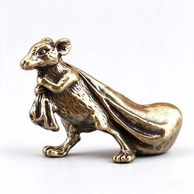 Mini Brass Rat Figurine, Vintage Chinese Zodiac Mouse Statue, Animal Sculpture Desktop Tea Pet Home Decor Ornament