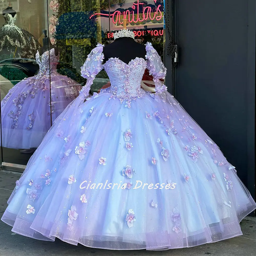 Vestido De Quinceañera lila con escote Corazón y flores en 3D, vestido De baile De manga desmontable, corsé con cuentas De cristal, Vestidos De Quinceañera