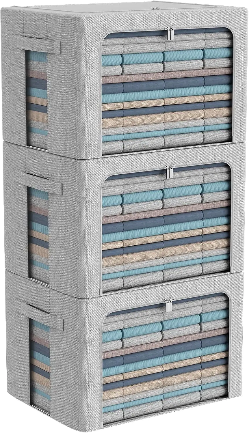 

3-Pack Foldable Storage Bins with Clear Window - Extra Large Linen Fabric Clothes Organizer Box, Stackable Under Bed/Closet