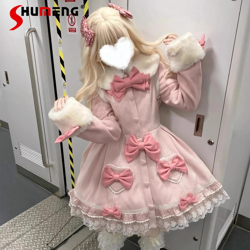 

Japanese Cute Girls Sweet Lolita Pink Long Jacket Coats Autumn Winter Women's Slim Fit Slim Plush Warm Woolen Jacket with Capes