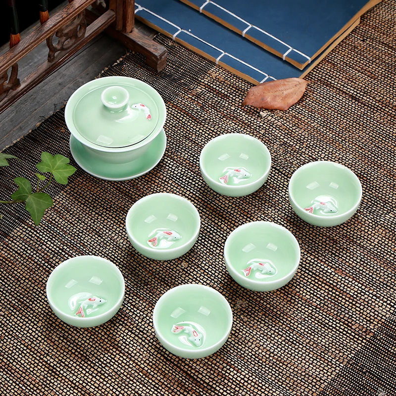 Longquan Celadon Fish Tea Set Ceramic Kettle Gaiwan Cup chinese kung fu pot drinkware for friend Gift