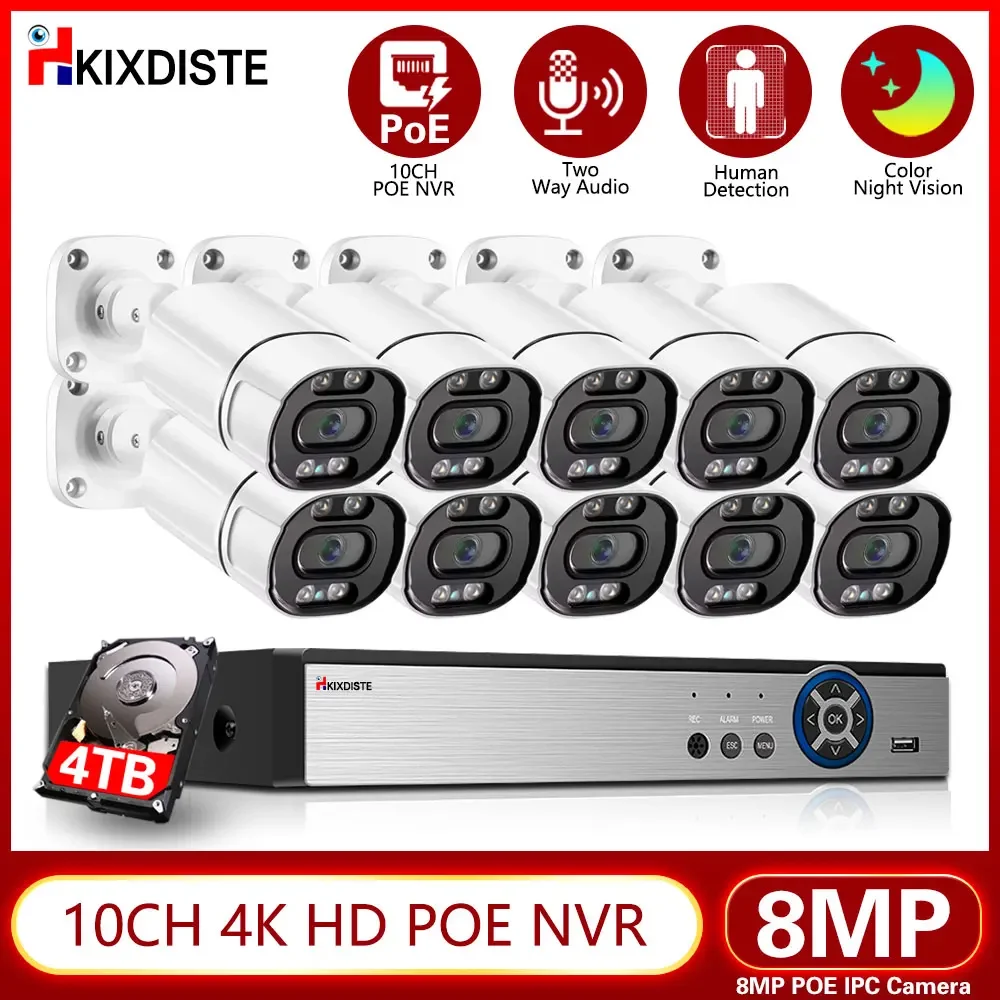 

4K 10CH POE IP Camera Kit Full Color Night Vision Security Camera Set 10 Channel NVR Kit 8MP CCTV система видеонаблюдения Set