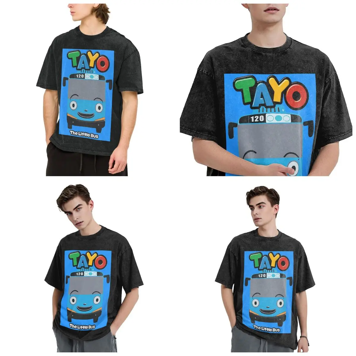 Streetwear T-Shirts Tayo The Little Bus  Washed T Shirt Short Sleeve Hip Hop T-Shirt Tops Tees for Men Women