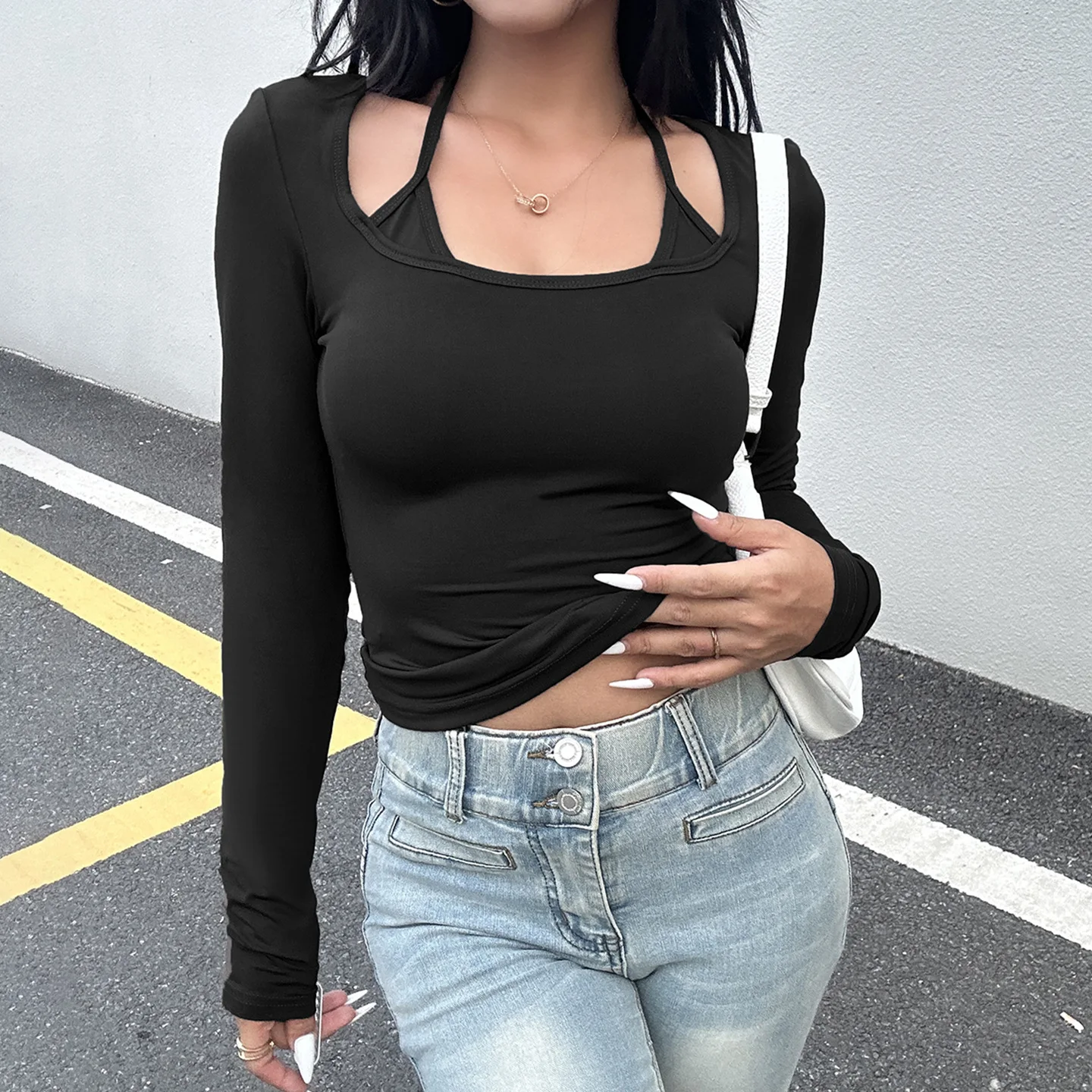 

Футболка с длинными рукавами в европейском и американском стиле, с подвесным воротником, облегающим кроем и искусственными рубашками и топами с двумя узкими низами.