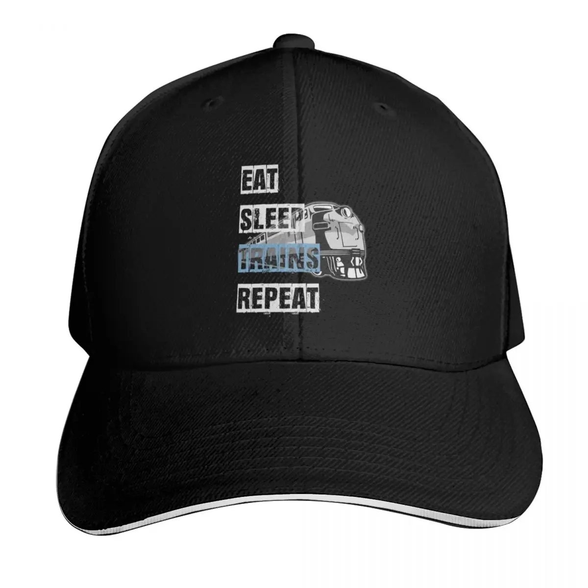 Eat Sleep Trains Repeat Model Railroading and Railways Funny Bold Design with Blue Text. Baseball Cap
