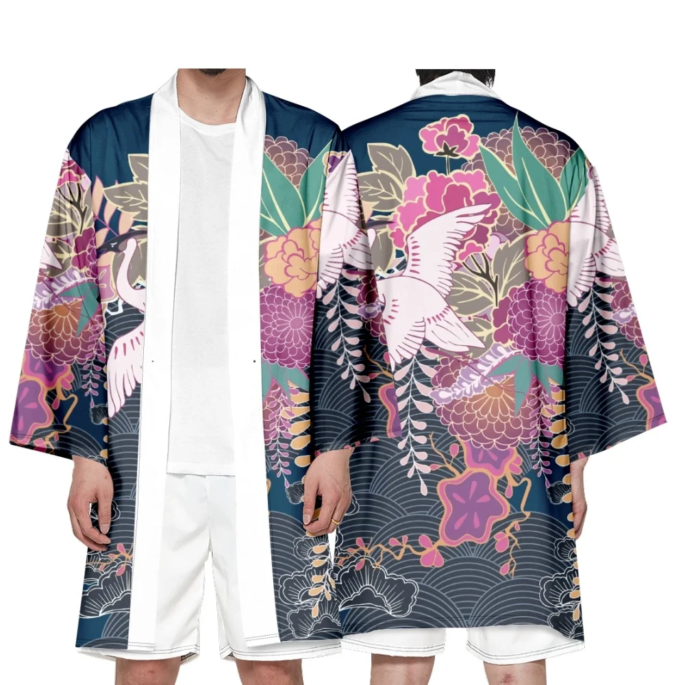 

Традиционное самурайское кимоно для мужчин с принтом «Великая волна у Канагавы» и журавлями, кардиган-хаори для женщин, рубашка-юката, летний халат