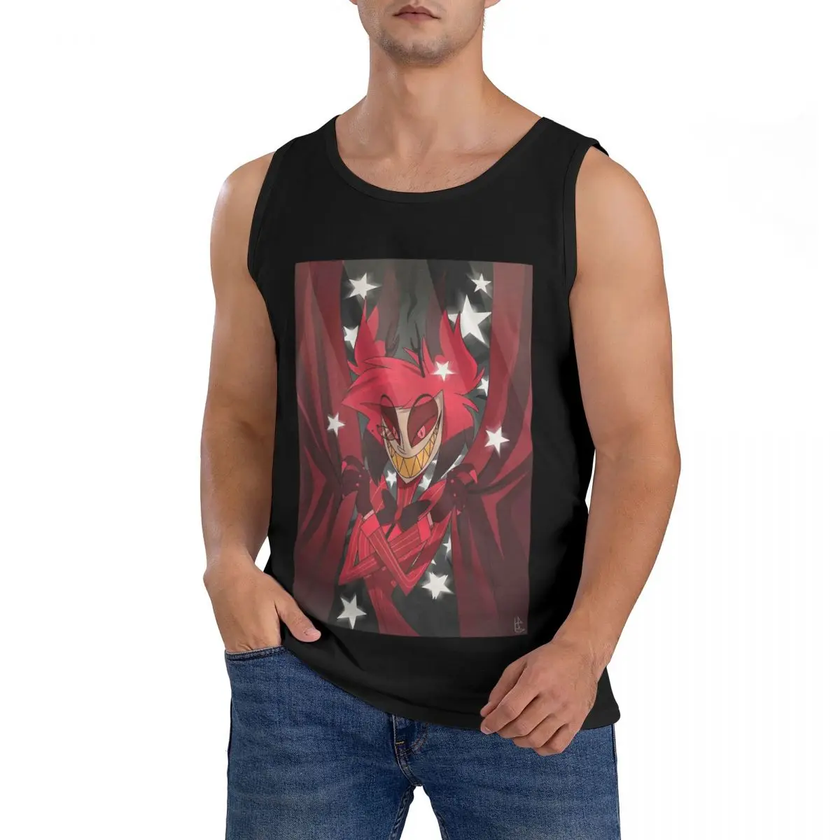 100% Cotton Alastor The Show Begins Sleeveless T-Shirt Men Workout Sports Clothing Tops Men's Crew Neck Vest