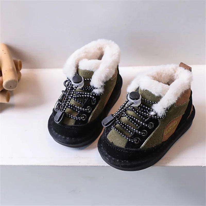 New Winter Baby Shoes For Boys Leather Warm Plush Toddler Girls Boots Non-slip Fashion Little Kids Sneakers