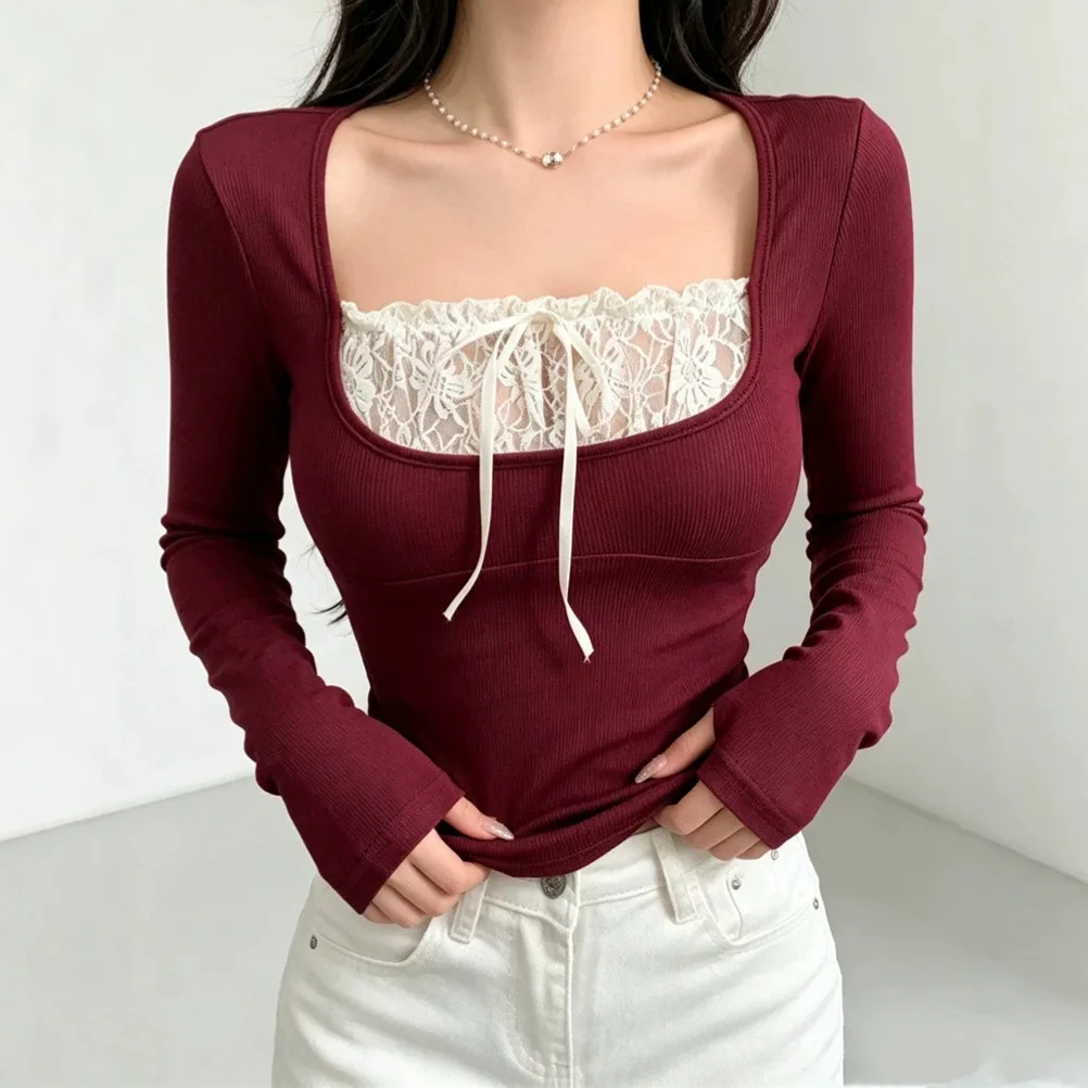Pure Desire Sexy Square Collar Low Chest Lace Patchwork Tie T-Shirt Women's Autumn Winter Slimming Spicy Long Sleeve Top Women T